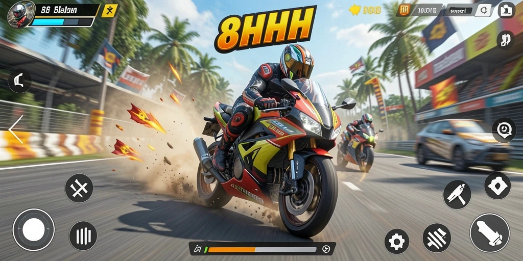 Tangkapan layar gameplay 8HHH menampilkan balapan motor yang mendebarkan.