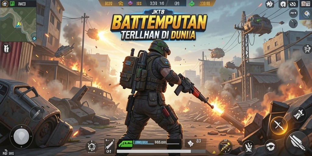 Gameplay seru JKT8 dengan pertarungan Battle Royale yang intens.