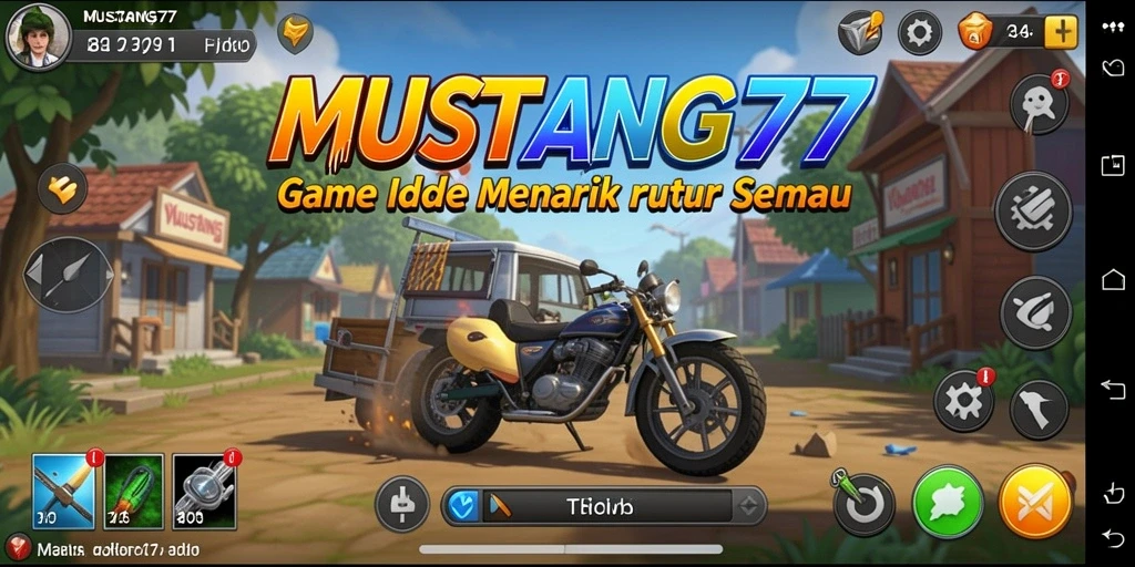 Screenshot gameplay MUSTANG77 menampilkan karakter yang berkembang dan sumber daya yang dikelola.